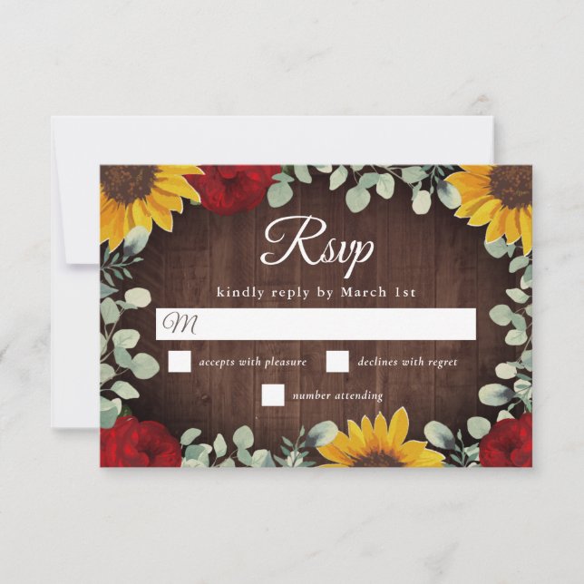 Rustic Sunflowers Eucalyptus Red Roses Wedding RSVP Card (Front)