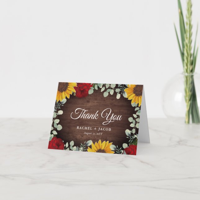 Rustic Sunflowers Eucalyptus Red Roses Wedding Thank You Card (Front)