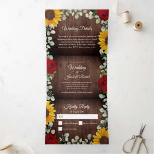 Rustic Sunflowers Eucalyptus Roses Photo Wedding Tri-Fold Invitation