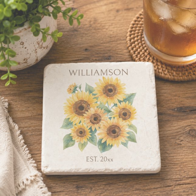 Rustic Sunflowers Family Name Stone Coaster (Creator Uploaded)