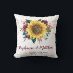 Rustic Sunflowers Floral Lights Wedding Cushion<br><div class="desc">This pillow features watercolor sunflowers, burgundy roses and string lights. Personalise it with names and date. This pillow is part of a collection which includes matching wedding stationery and gifts. Please visit our store or our collection pages to see the full range of products that you can personalise for your...</div>