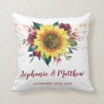 Rustic Sunflowers Floral Lights Wedding Cushion<br><div class="desc">This pillow features watercolor sunflowers, burgundy roses and string lights. Personalise it with names and date. This pillow is part of a collection which includes matching wedding stationery and gifts. Please visit our store or our collection pages to see the full range of products that you can personalise for your...</div>