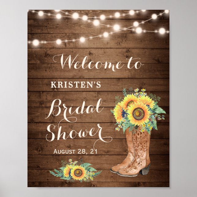 Rustic Sunflowers Girl Boots Lights Bridal Shower Poster (Front)