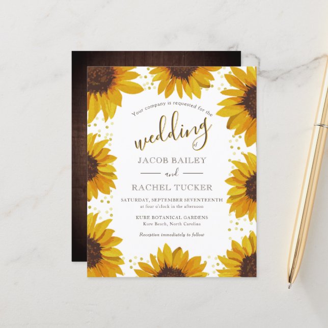Rustic Sunflowers Gold Dots Wedding Invitation (Front/Back In Situ)