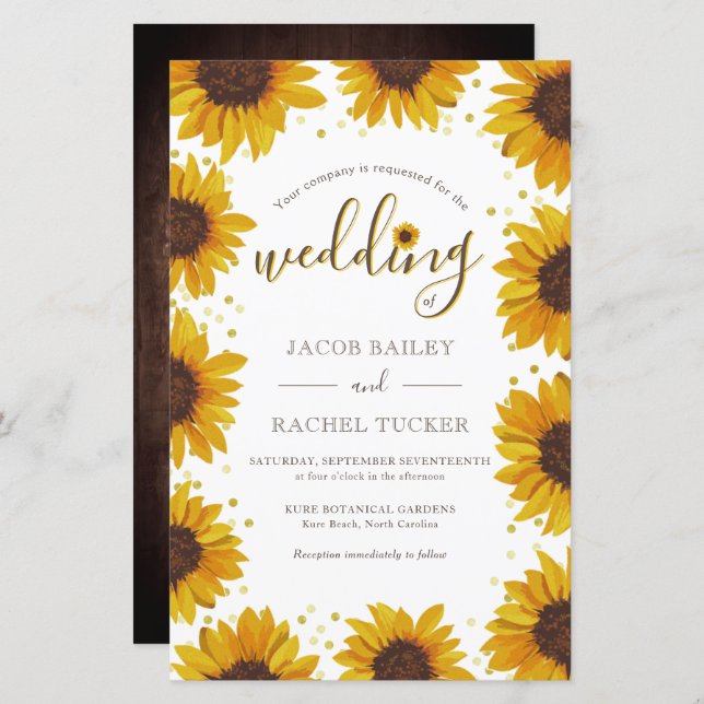Rustic Sunflowers Gold Dots Wedding Invitation (Front/Back)