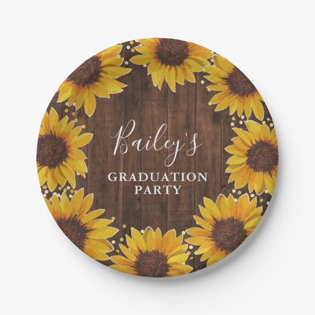Rustic Sunflowers Gold Foil Dots Graduation Party Paper Plate (Front)