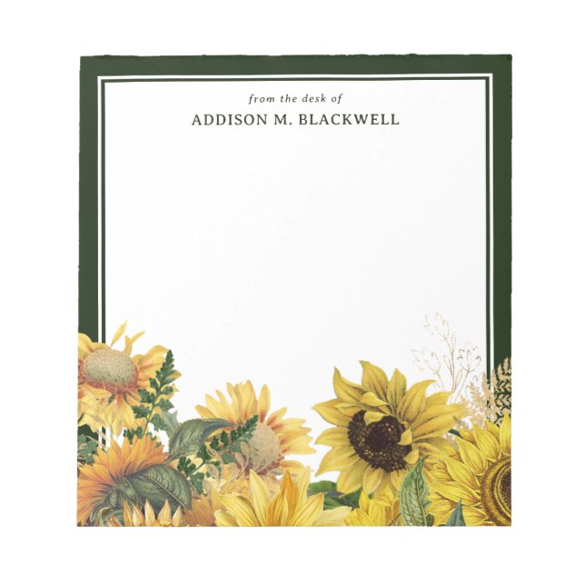 Rustic Sunflowers Green Border From The Desk Of Notepad (Front)