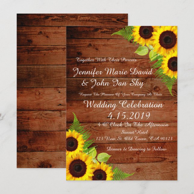 Rustic Sunflowers Green Fern  Wedding Invitation (Front/Back)