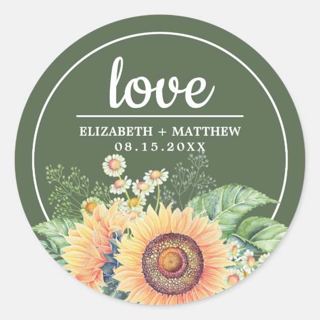 Rustic Sunflowers Green Wedding  Classic Round Sticker (Front)