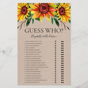 Rustic Sunflowers Guess Who Bridal Shower Game