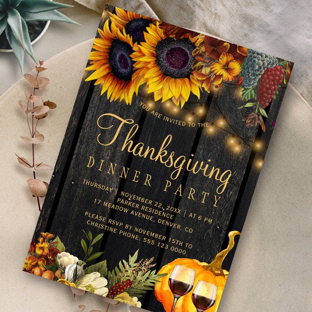 Rustic sunflowers harvest wood Thanksgiving Dinner Invitation (Creator Uploaded)