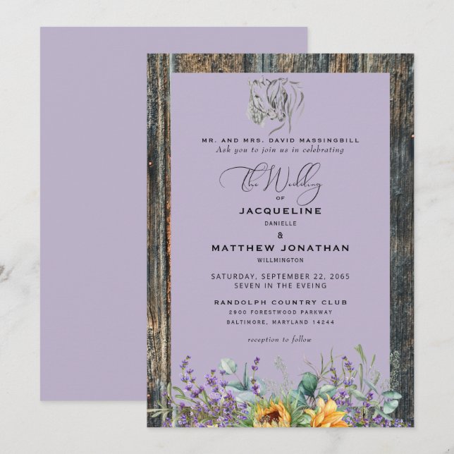 Rustic Sunflowers Horses Lavender Wedding Invitati Invitation (Front/Back)