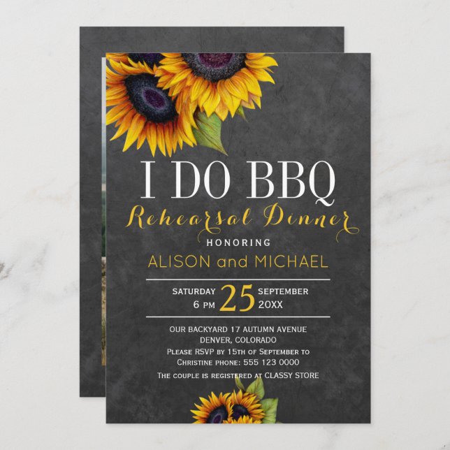 Rustic sunflowers i do bbq rehearsal dinner photo invitation (Front/Back)