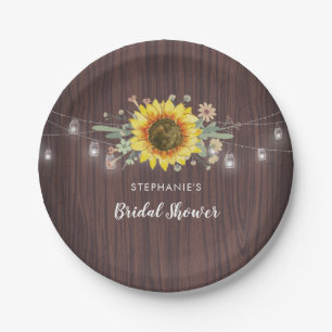 Rustic Sunflowers Jar Lights Wood Bridal Shower Paper Plate