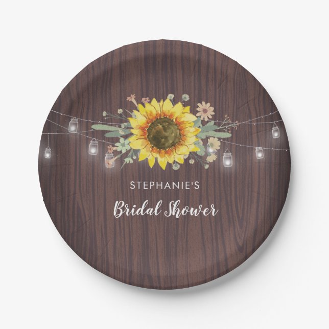 Rustic Sunflowers Jar Lights Wood Bridal Shower Paper Plate (Front)