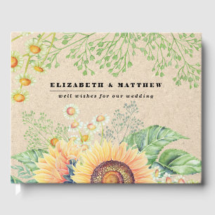 Rustic Sunflowers Kraft Paper Wedding  Guest Book