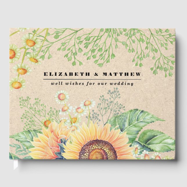 Rustic Sunflowers Kraft Paper Wedding  Guest Book (Front)