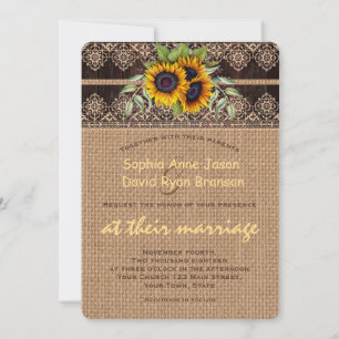 Rustic Sunflowers Lace Burlap Wood Wedding Invitation
