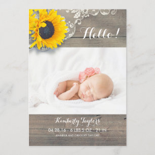 Rustic Sunflowers Lace Newborn Baby Photo Birth Announcement