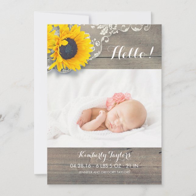 Rustic Sunflowers Lace Newborn Baby Photo Birth Announcement (Front)