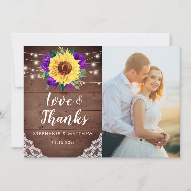 Rustic Sunflowers Lace Purple Floral Wedding Photo Thank You Card (Front)