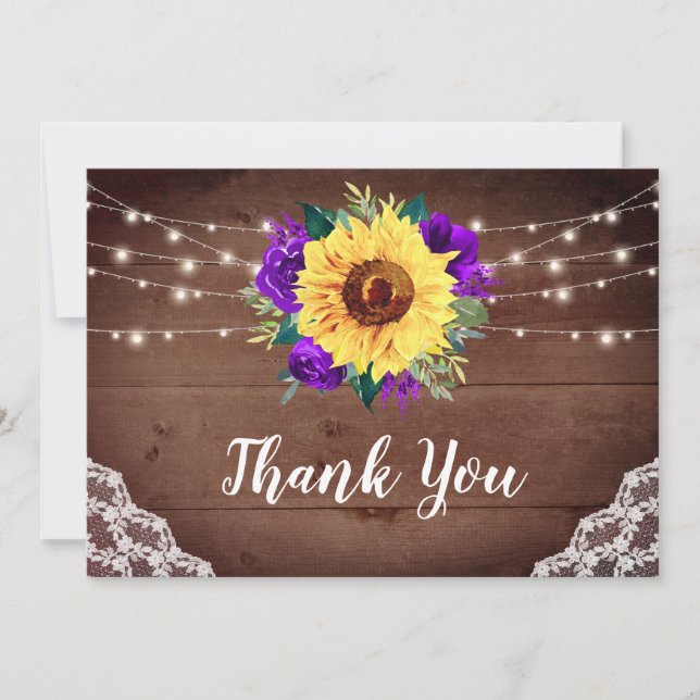 Rustic Sunflowers Lace Purple Floral Wood Wedding Thank You Card (Front)