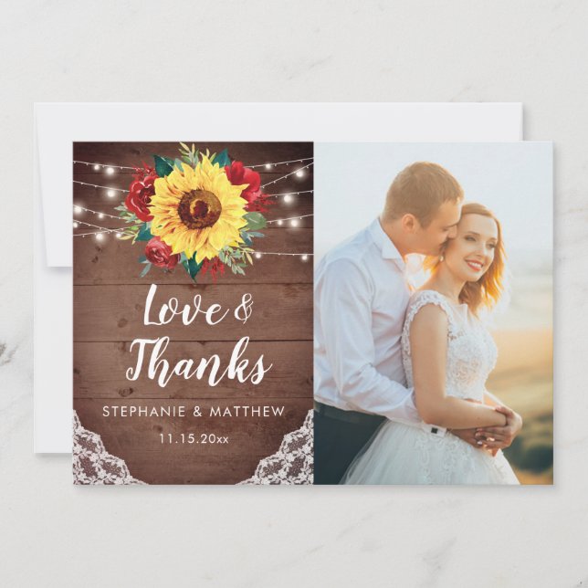 Rustic Sunflowers Lace Red Floral Wedding Photo Thank You Card (Front)