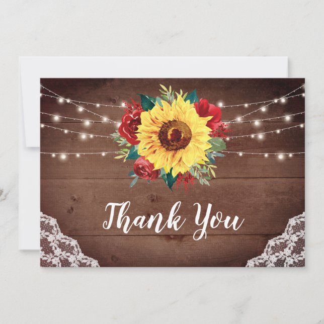 Rustic Sunflowers Lace Red Floral Wood Wedding Thank You Card (Front)