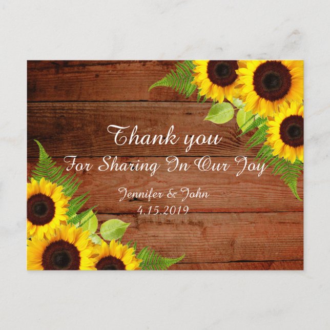 Rustic Sunflowers Lace Wedding Thank you Postcard (Front)