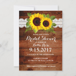 Rustic Sunflowers Lace Wood Bridal Shower Invites