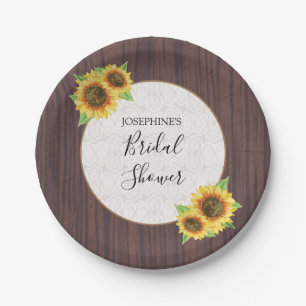 Rustic Sunflowers Lace Wood Bridal Shower Paper Plate