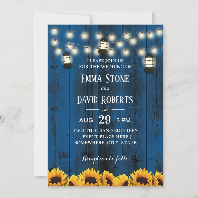 Rustic Sunflowers & Lanterns Blue Barn Wedding Invitation (Front)