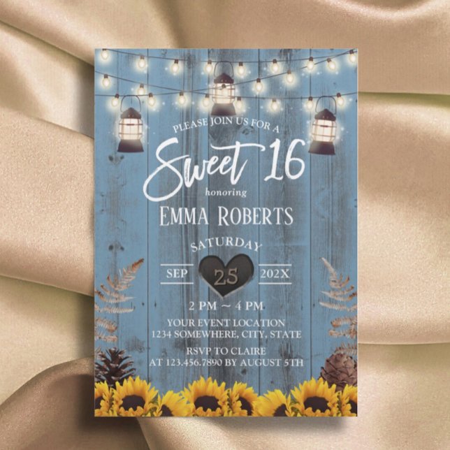 Rustic Sunflowers & Lanterns Dusty Blue Sweet 16 Invitation (Creator Uploaded)