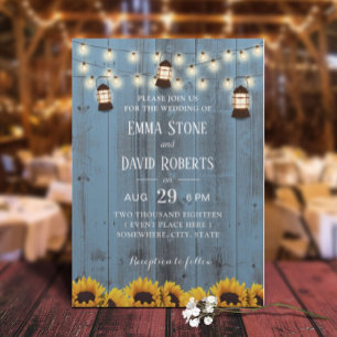 Rustic Sunflowers & Lanterns Dusty Blue Wedding Invitation