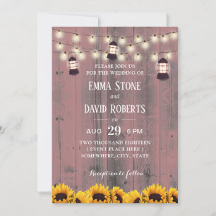 Rustic Sunflowers & Lanterns Pink Barn Wedding Invitation