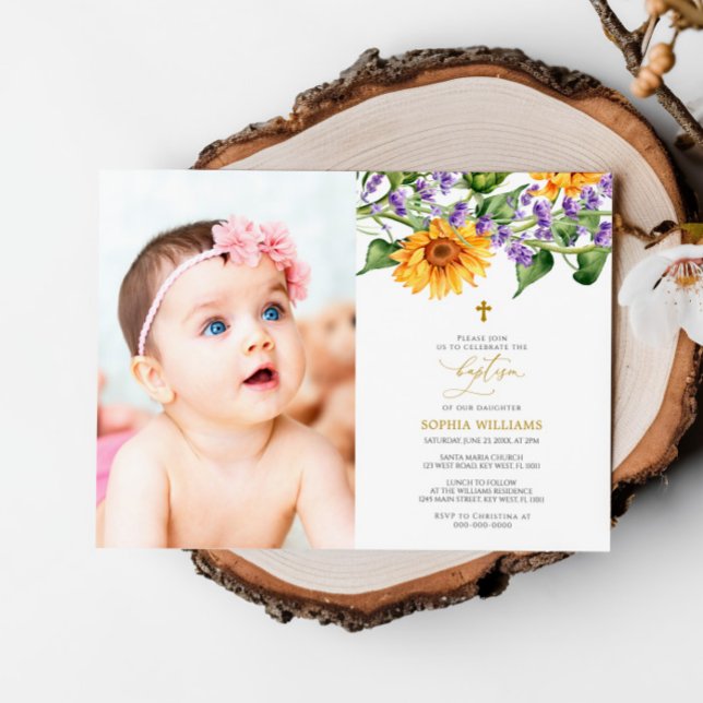 Rustic Sunflowers & Lavander Photo Baptism  Invitation (Creator Uploaded)
