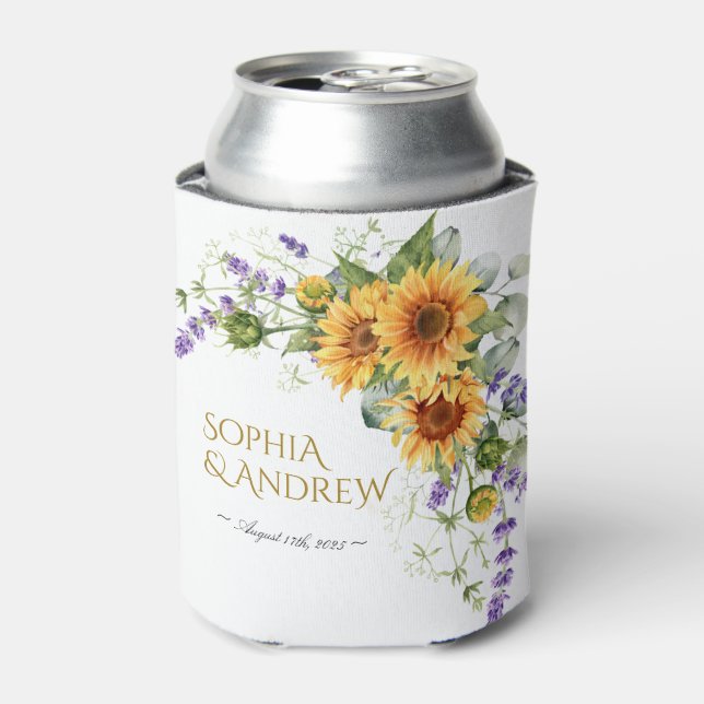 Rustic Sunflowers & Lavander Wedding Can Cooler (Can Front)