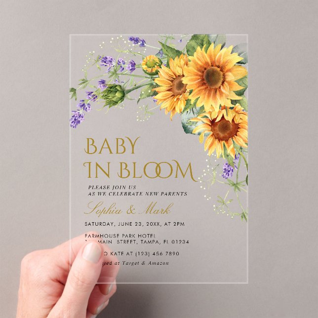 Rustic Sunflowers & Lavender Baby In Bloom Acrylic Invitations (Insitu (Handheld))