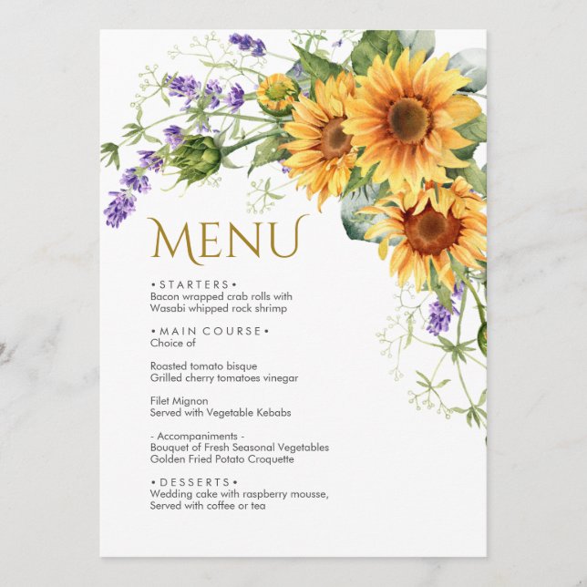Rustic Sunflowers & Lavender Wedding Menu (Front)