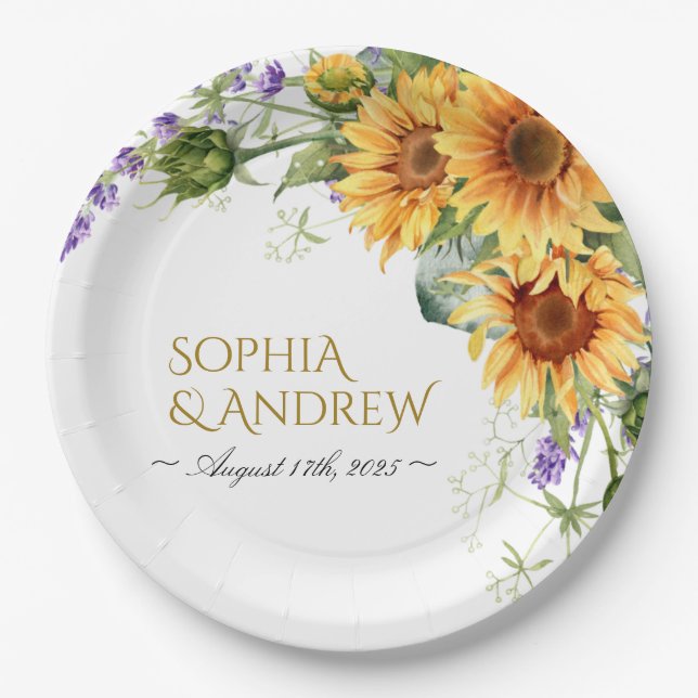 Rustic Sunflowers & Lavender Wedding Paper Plate (Front)