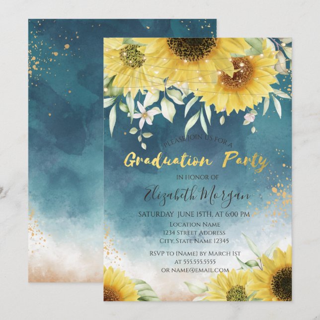 Rustic Sunflowers,Leaves Lights Graduation Invitation (Front/Back)