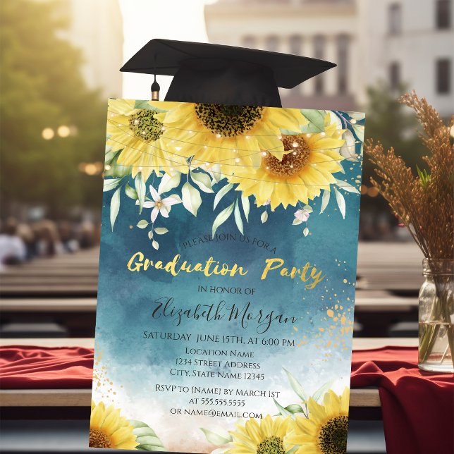 Rustic Sunflowers,Leaves Lights Graduation Invitation (Creator Uploaded)