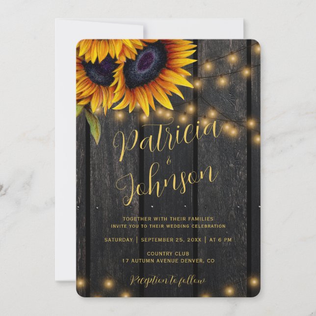 Rustic sunflowers lights barn wood wedding invitation (Front)