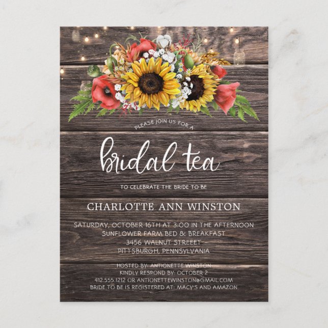 Rustic Sunflowers Lights Bridal Tea Invitation Postcard (Front)