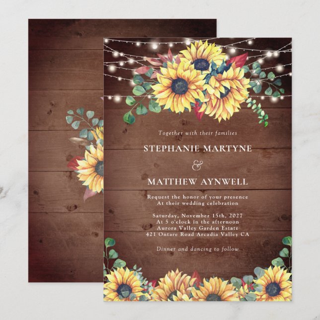 Rustic Sunflowers Lights Eucalyptus Fall Wedding Invitation (Front/Back)