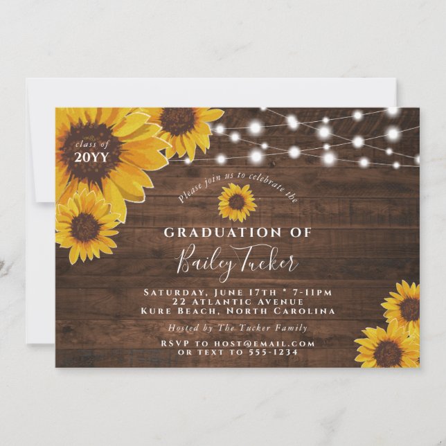 Rustic Sunflowers & Lights Graduation Party Invitation (Front)