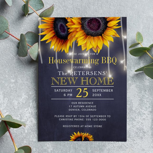 Rustic sunflowers lights housewarming bbq invitation (Creator Uploaded)