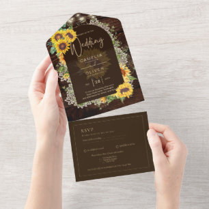 Rustic Sunflowers Lights Lace Arch Wedding All In  One Invitation