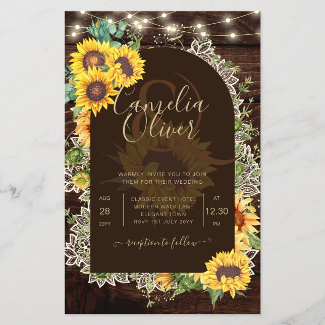 Rustic Sunflowers Lights Lace Arch Wedding Flyer (Front)