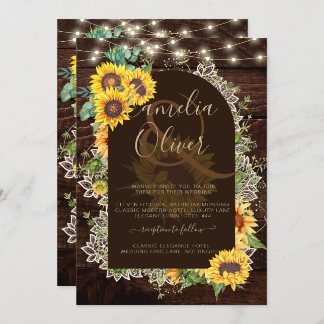 Rustic Sunflowers Lights Lace Arch Wedding Invitation (Front/Back)